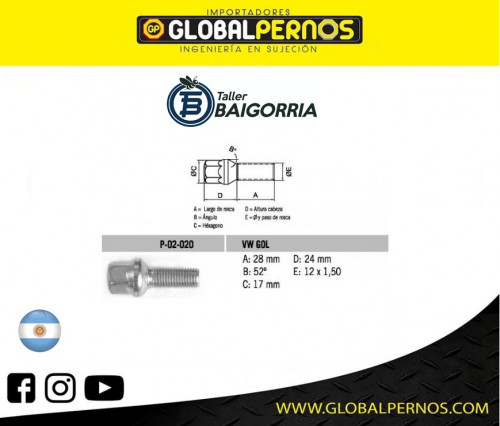 Perno Conico VW-Gol Tipo Bola 12 X 28 X 1.50 Hex 17 COD: P-02-020